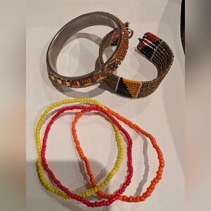 Stackable Colorful Beaded & Metal Bracelet Set - Orange, Yellow, Red